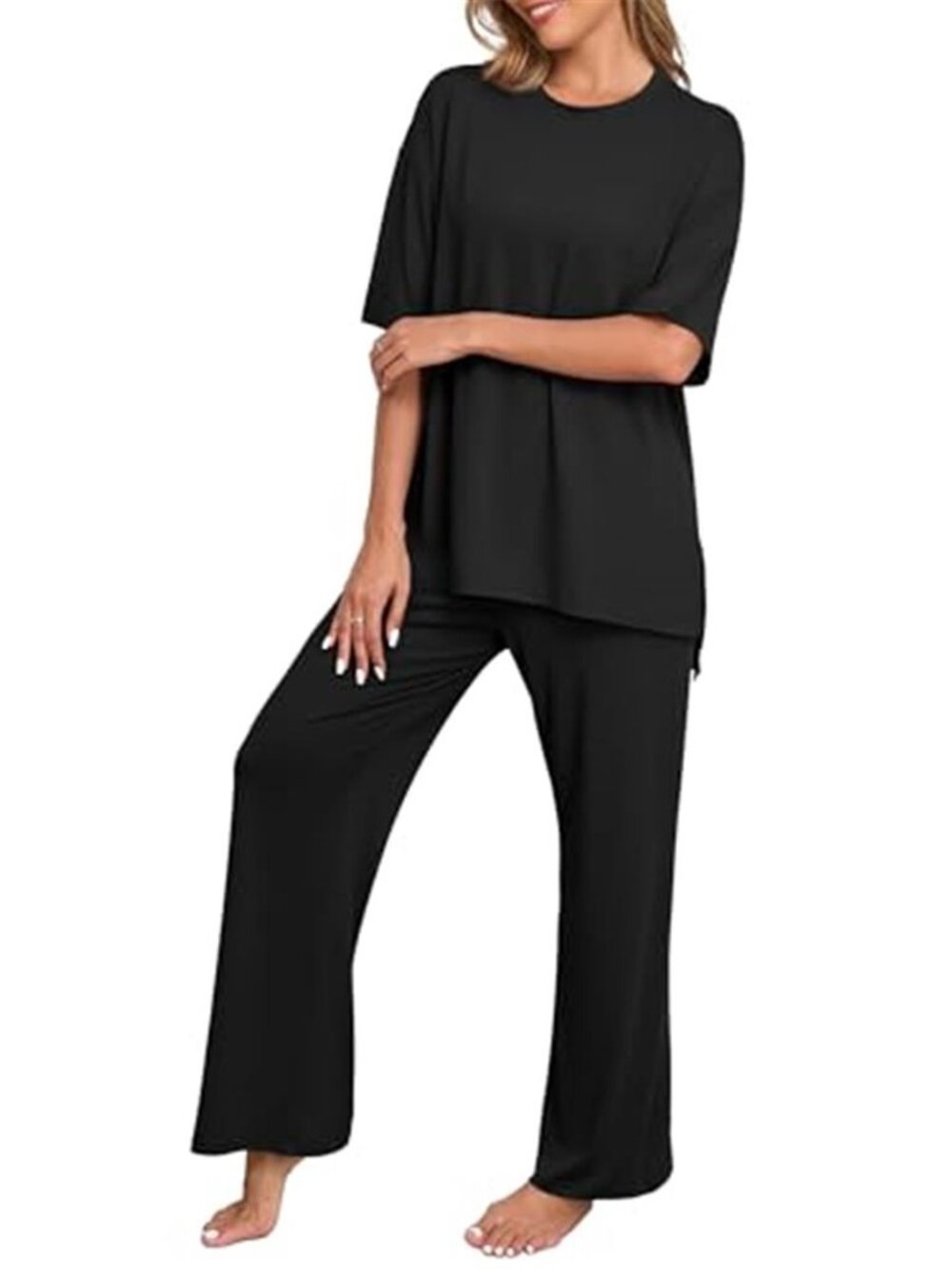 PrinStory Black Pajama Set Soft Lounge Set Short Sleeve Top & Pants